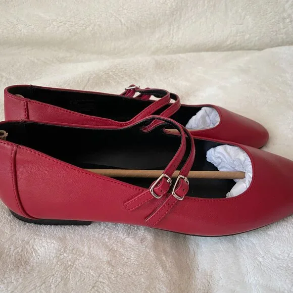 Red Leather Two-Strap Ballet Flats Steve Madden Mary Jane Size 8.5 - Picture 2 of 8